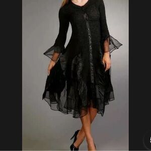 Jerry T Black Chiffon Crinkle Mesh Dress M Sheer Sleeve Layered Hem whimsygoth